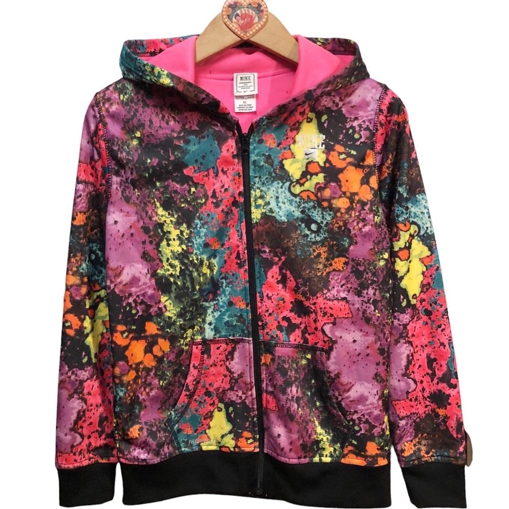 NIKE Youth Girls Splatter zip-front Hooded Jacket front pouch pockets XL 13-15